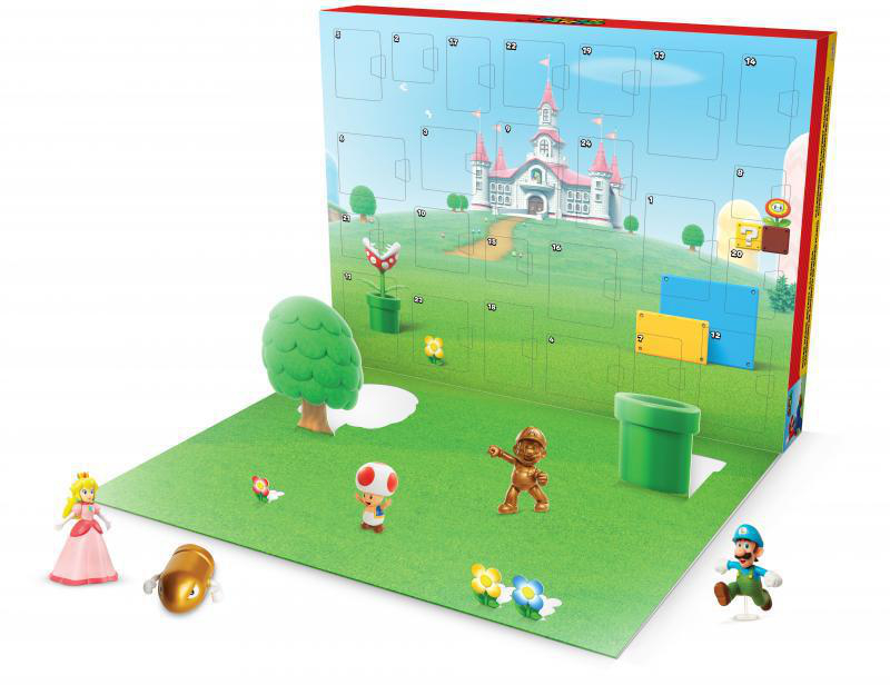 Adventskalender geöffnet mit Super Mario-Thema, mit verschiedenen Figuren und Objekten.