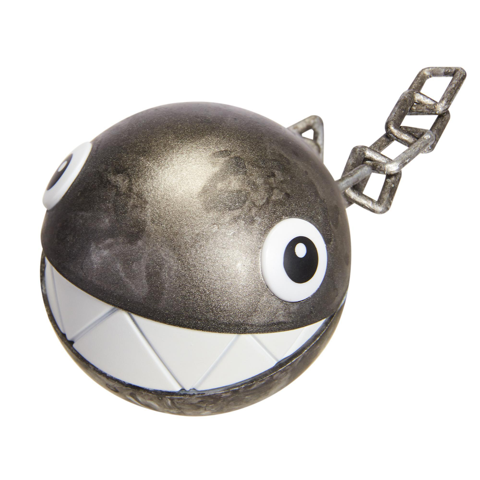 Ein Cartoon Chain Chomp-Charakter. Metallisch grauer Körper mit Kette, großen weißen Zähnen und Augen.