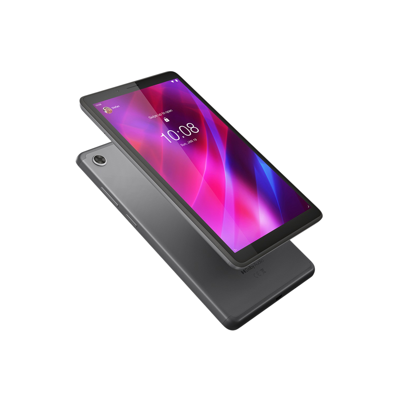 Una tableta en una funda gris, mostrando la pantalla con una aplicación abierta.