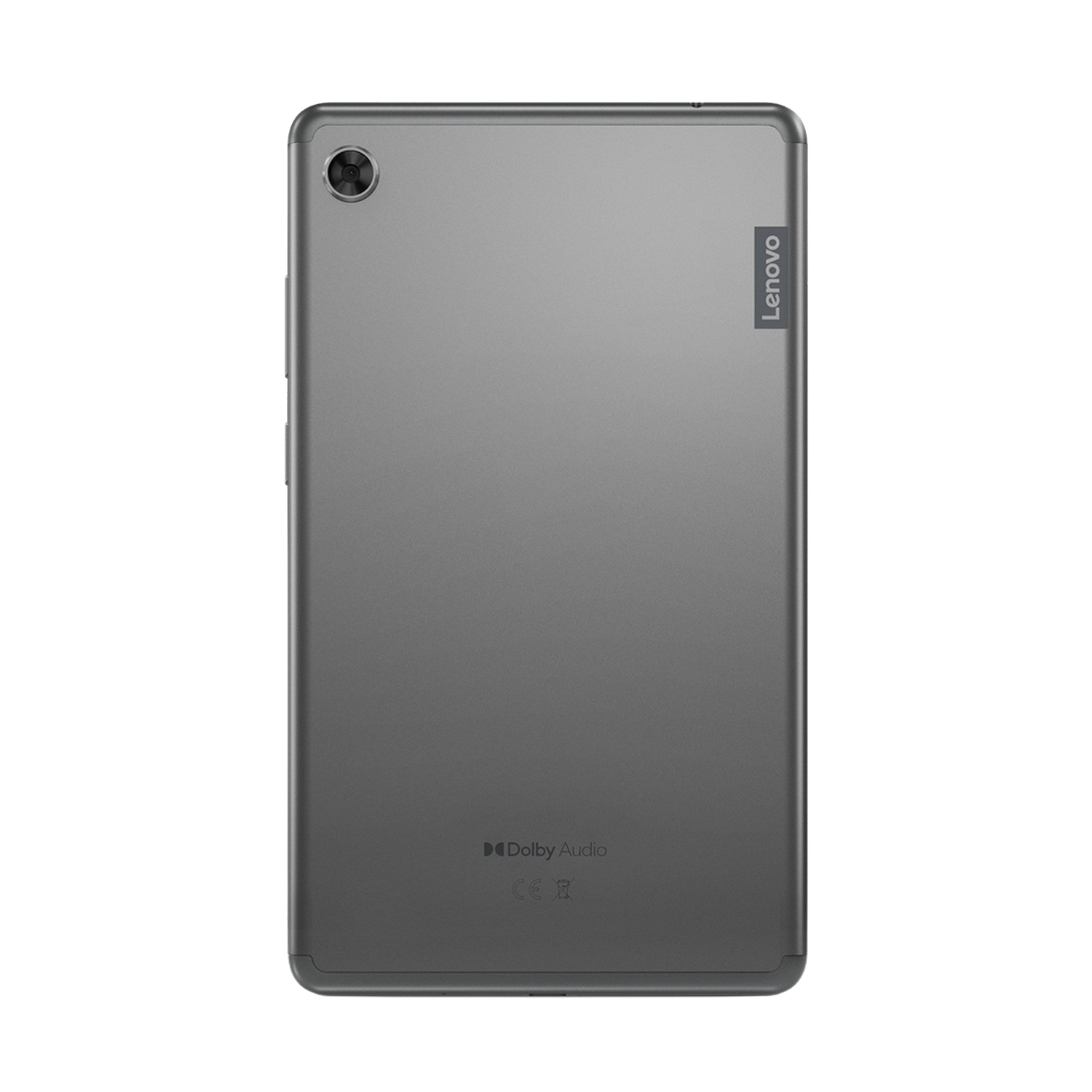 Una tablet Lenovo gris, vista trasera, con cámara y el logotipo Dolby Audio.