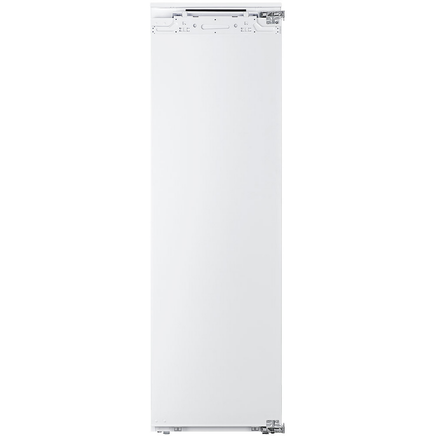 Una puerta de refrigerador blanca. Es un panel plano y rectangular con algunos orificios para tornillos.