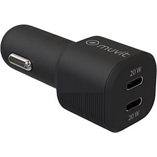 Cargador USB para coche - muvit MCDCC0012, 2x USB-C, 20W, Negro