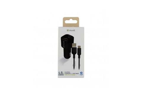 Cargador USB para coche  muvit MCPAK0052, 2x USB-A, Universal, 1.2m, Negro  + Cable USB-C a USB-A