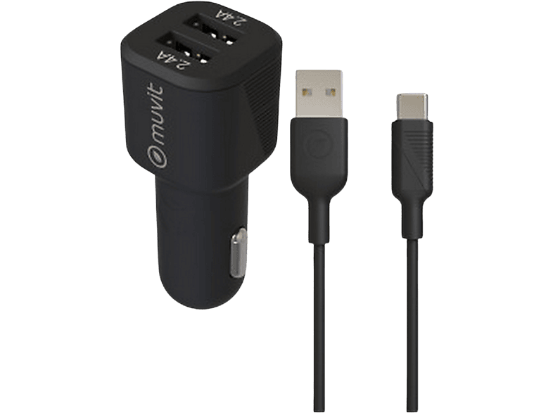 Cargador USB para coche - muvit MCPAK0052, 2x USB-A, Universal, 1.2m, Negro + Cable USB-C a USB-A