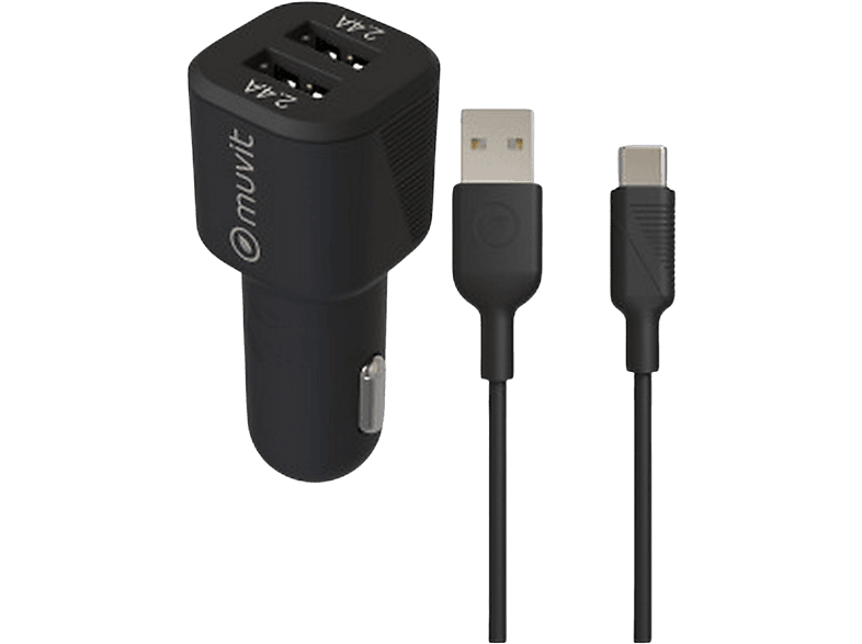 Cargador USB para coche  muvit MCPAK0052, 2x USB-A, Universal, 1.2m, Negro  + Cable USB-C a USB-A