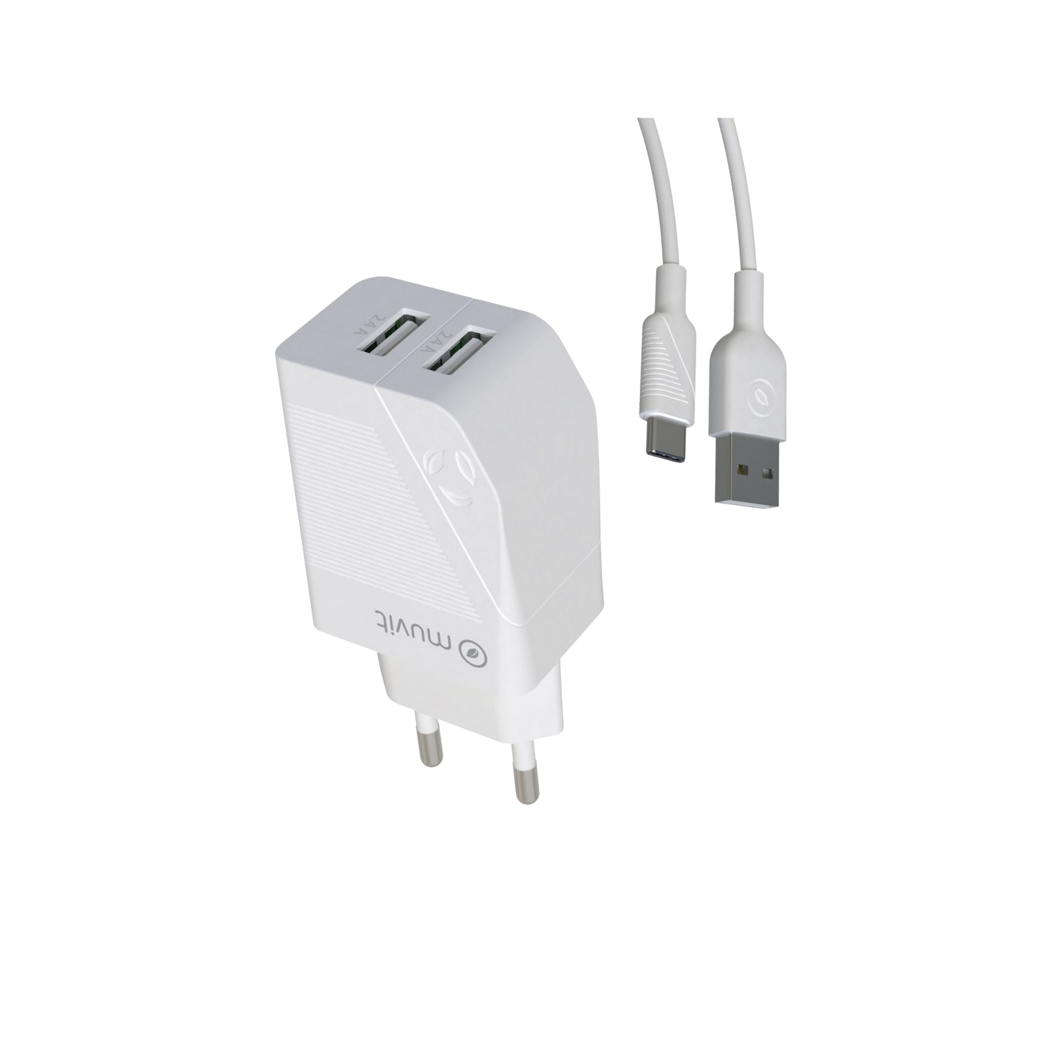 Cargador - muvit MCPAK0047, 2x USB-A, Carga rápida, 18W, 1.2 m, Blanco + Cable USB-C a USB-A