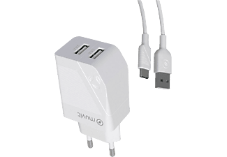 Cargador - muvit MCPAK0047, 2x USB-A, Carga rápida, 18W, 1.2 m, Blanco + Cable USB-C a USB-A