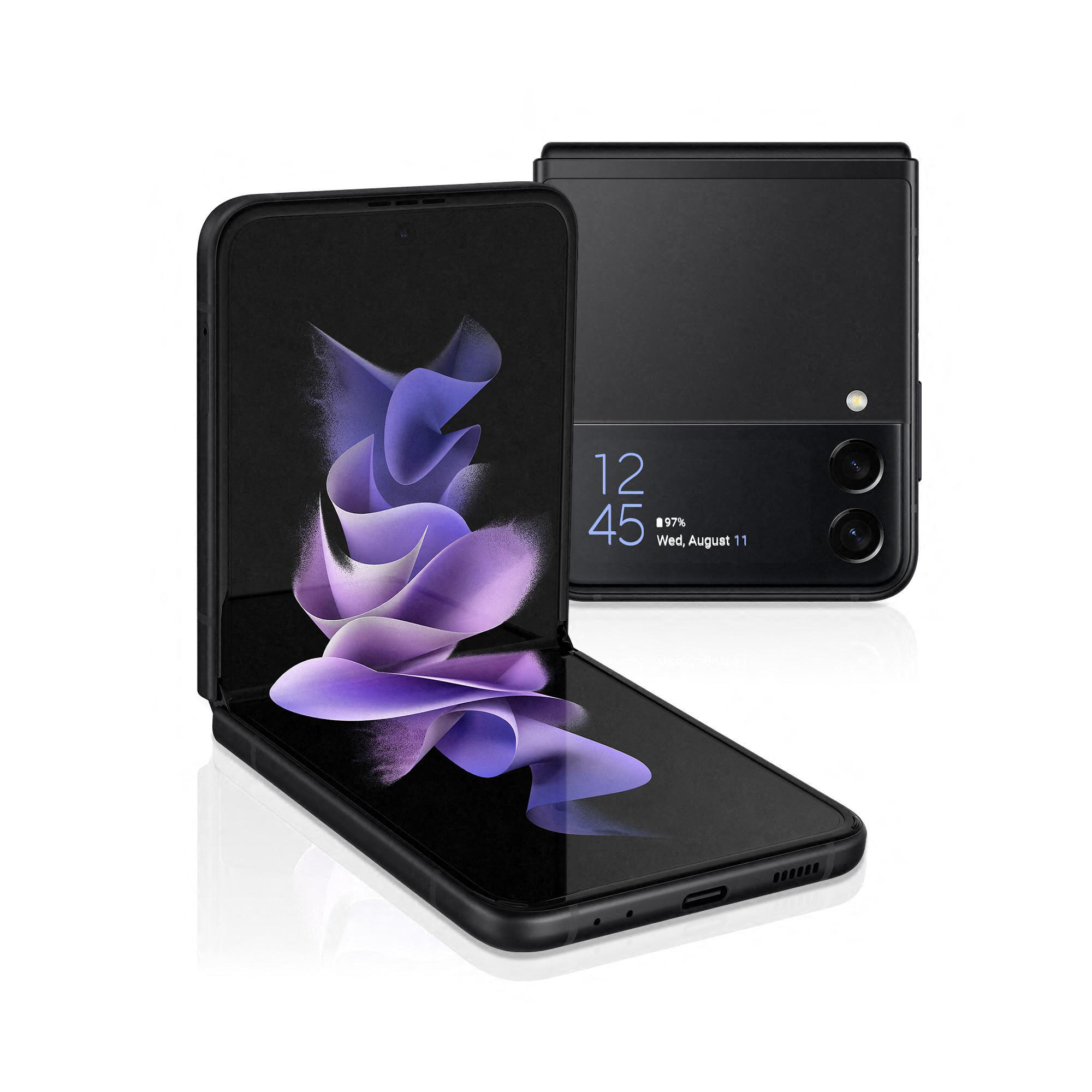 Schwarzes Samsung-Telefon, gefaltet und entfaltet, zeigt den Bildschirm mit Uhrzeit und Datum.