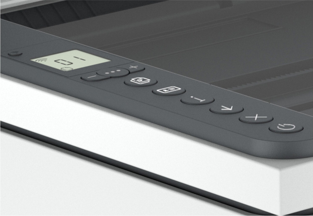 Close-up of a printer control panel with display and buttons. Dark gray buttons with symbols and a white and gray display.