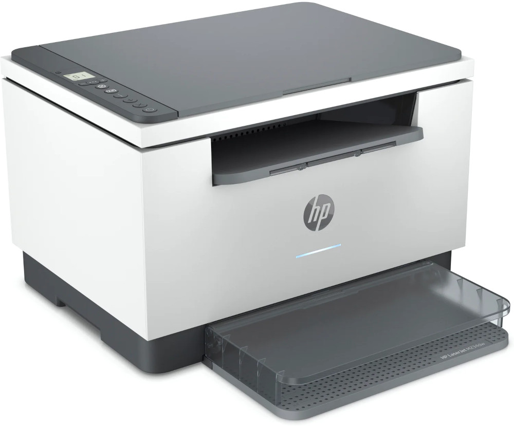 An HP LaserJet M234dw printer. It's white with gray accents. The paper tray is extended. HP logo is visible.
