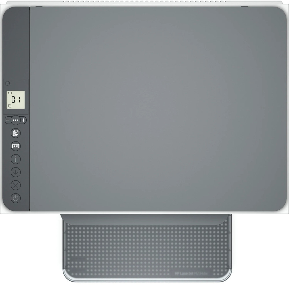 Top view of a gray HP Laser Jet printer. The control panel shows '01'. The printer has a paper output tray.