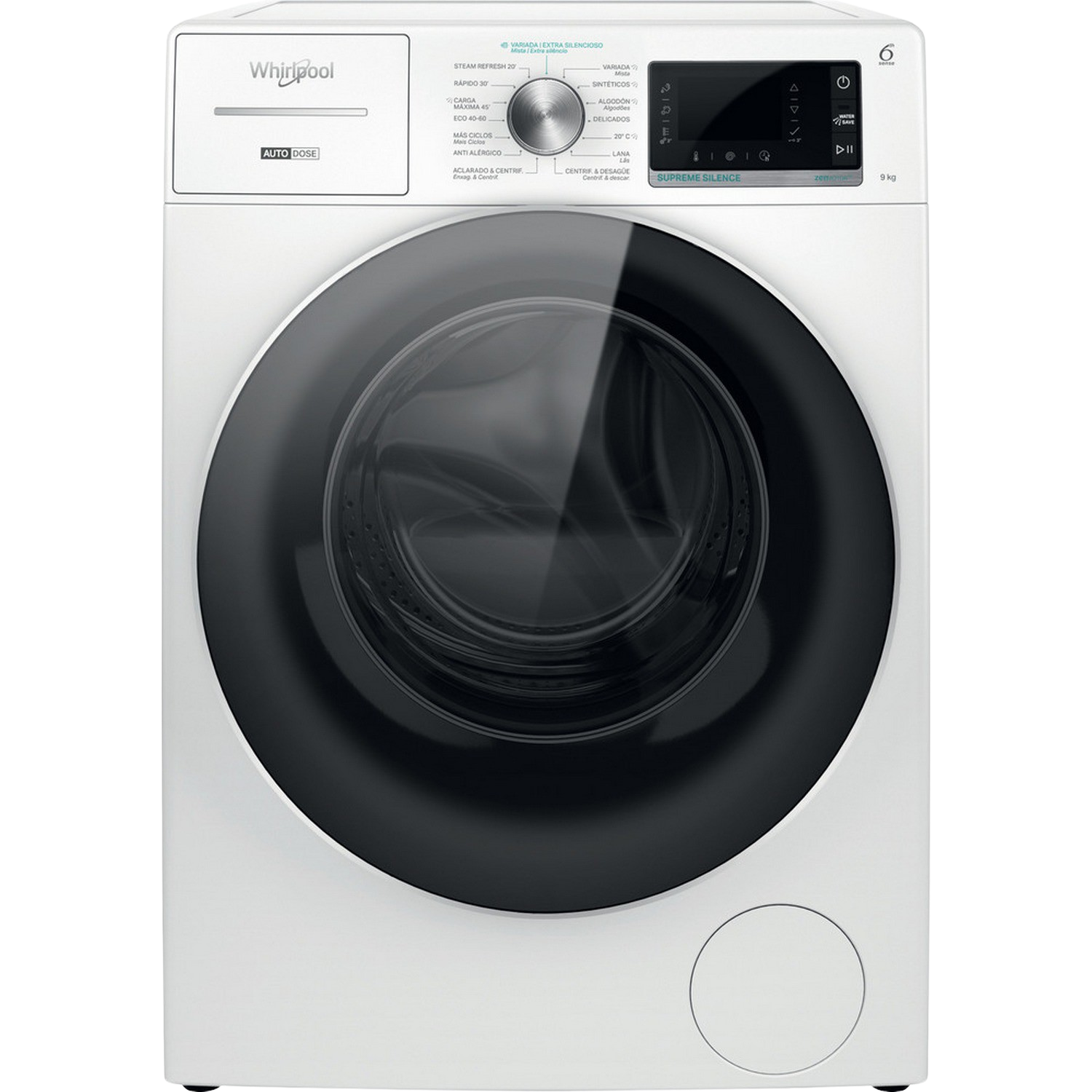 Una lavadora Whirlpool blanca. Tiene una puerta negra, un panel de control y una pantalla.