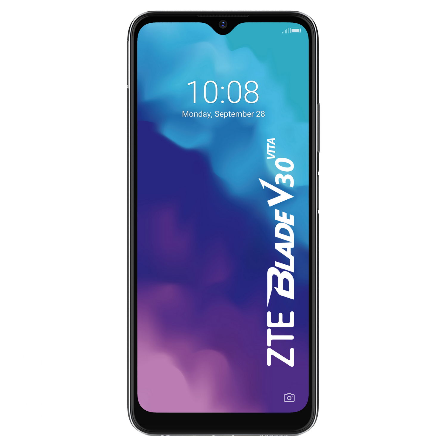 Smartphone negro con pantalla mostrando hora y fecha, con el logo ZTE Blade V30 Vita.