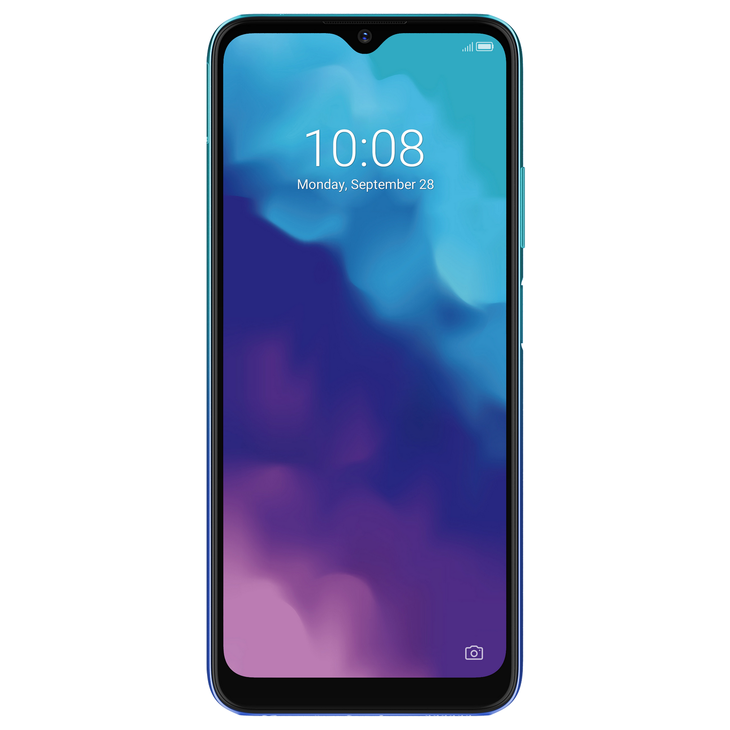 Un teléfono azul muestra 10:08 en pantalla. La fecha es lunes 28 de septiembre. El teléfono es azul.