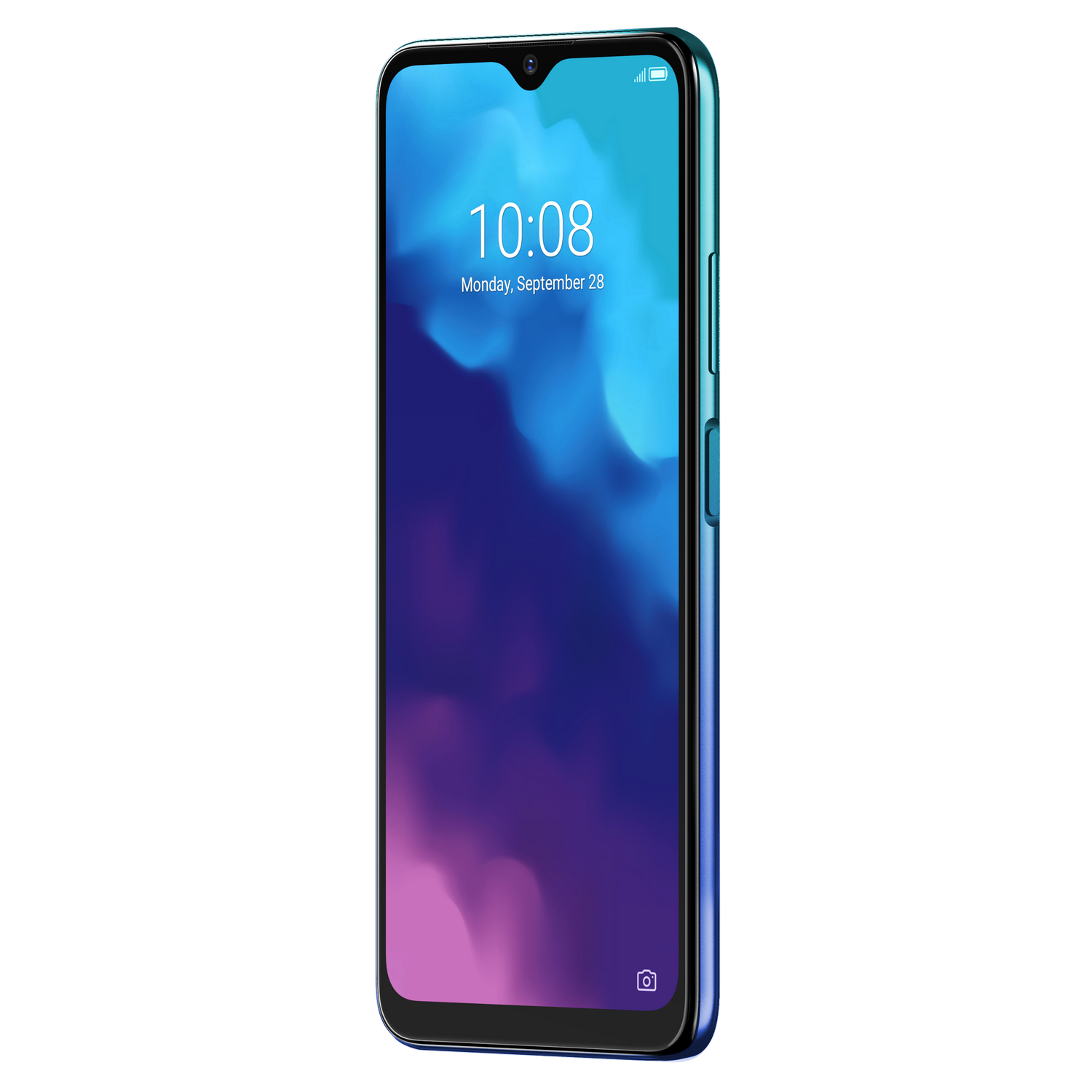 Teléfono con degradado de color en la parte trasera y mostrando la hora.