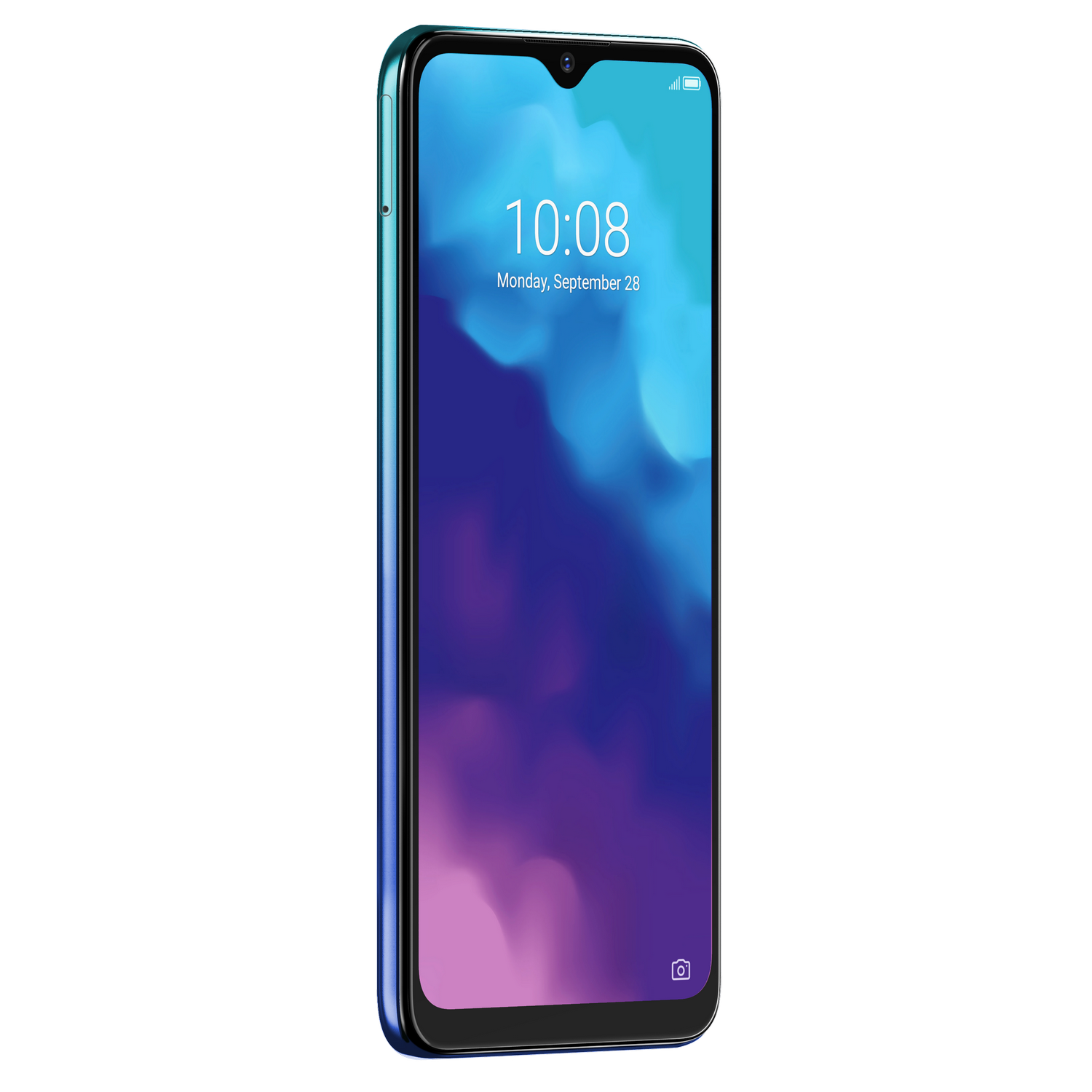 Un teléfono con un degradado turquesa y azul. La hora es 10:08.