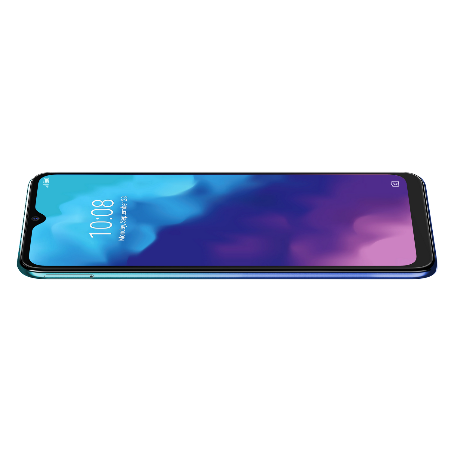 Smartphone con pantalla que muestra hora y fecha, en degradado azul y morado. El teléfono está sobre fondo blanco.