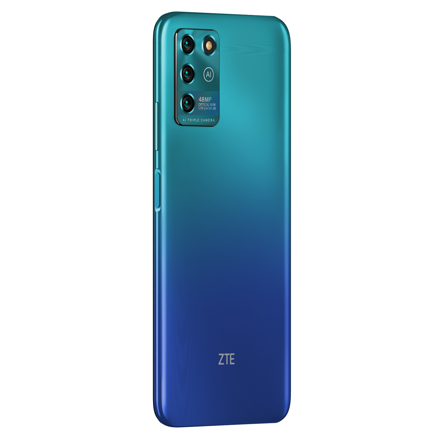 Teléfono ZTE con parte trasera degradada azul, con múltiples cámaras y el logotipo de ZTE.