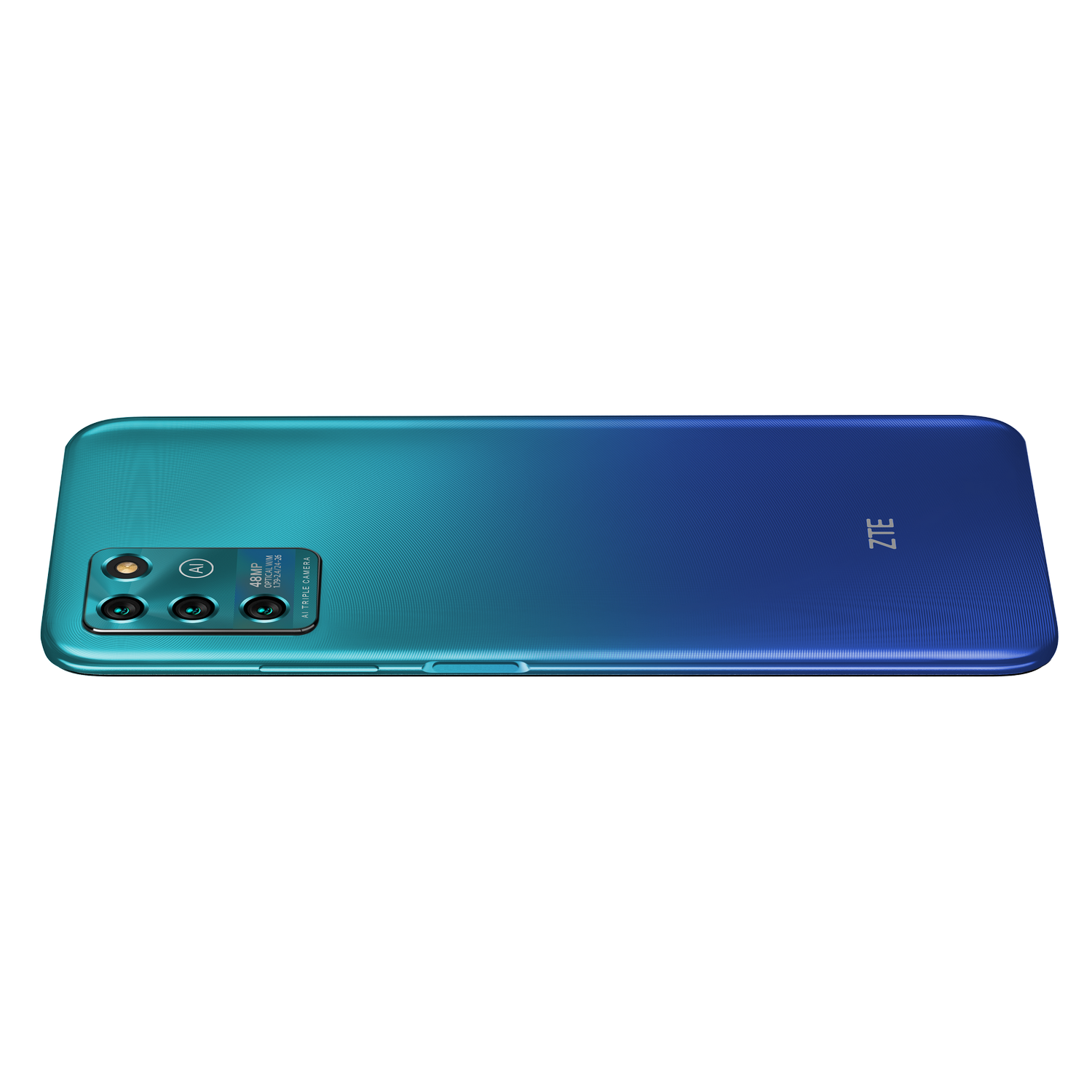 Smartphone con degradado azul y configuración de triple cámara en la parte trasera.
