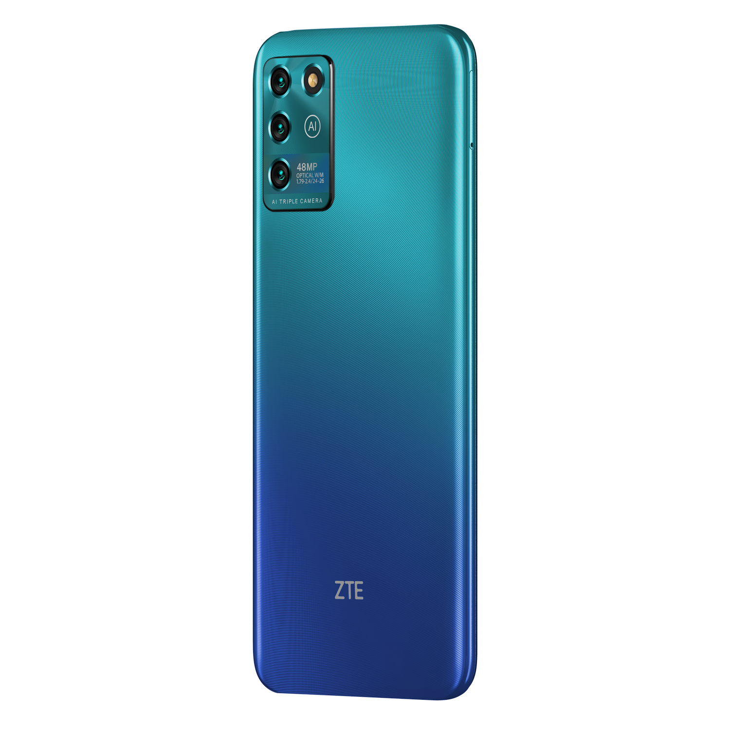 Parte trasera de smartphone ZTE con degradado azul. Configuración de triple cámara con texto.