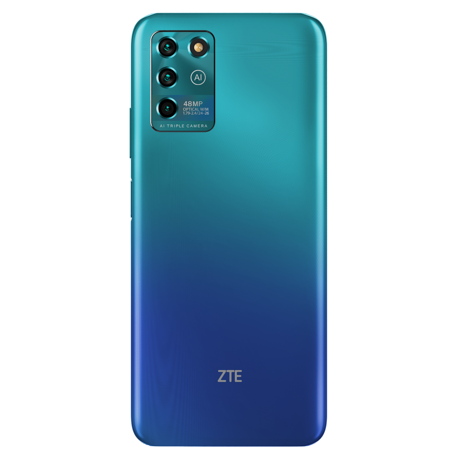 Parte trasera de un teléfono ZTE con degradado azul-verde, con triple cámara y logotipo ZTE.