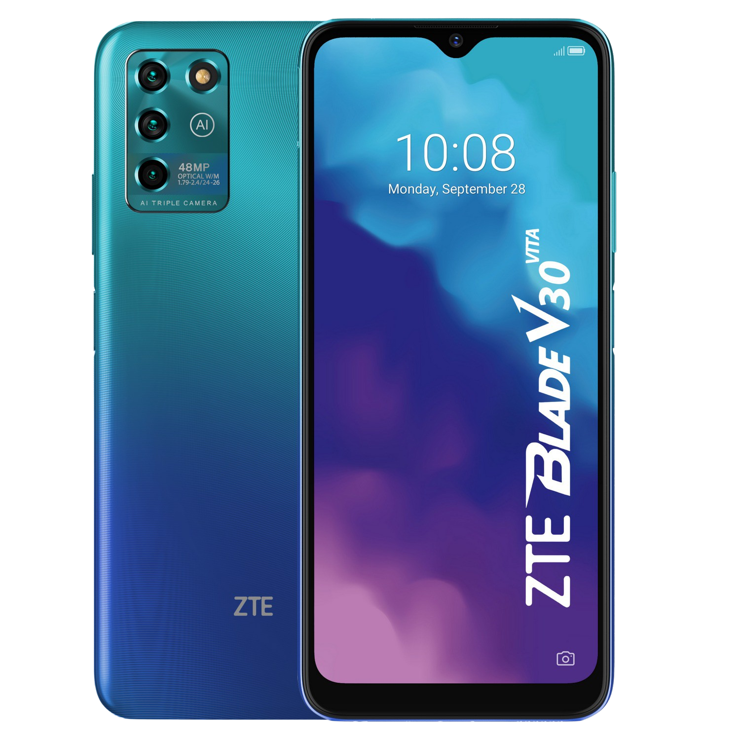 Teléfono ZTE Blade V30 Vita. Combinación de colores azul y verde con triple cámara.