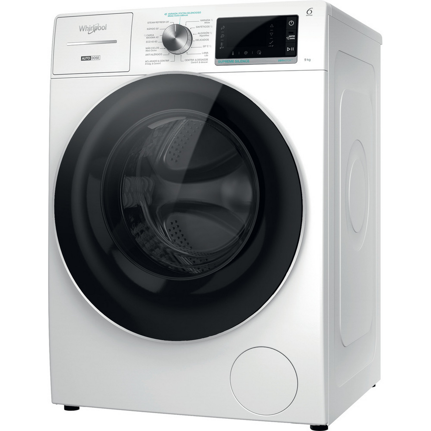 Lavadora Whirlpool blanca con puerta negra. Está sobre un fondo blanco.
