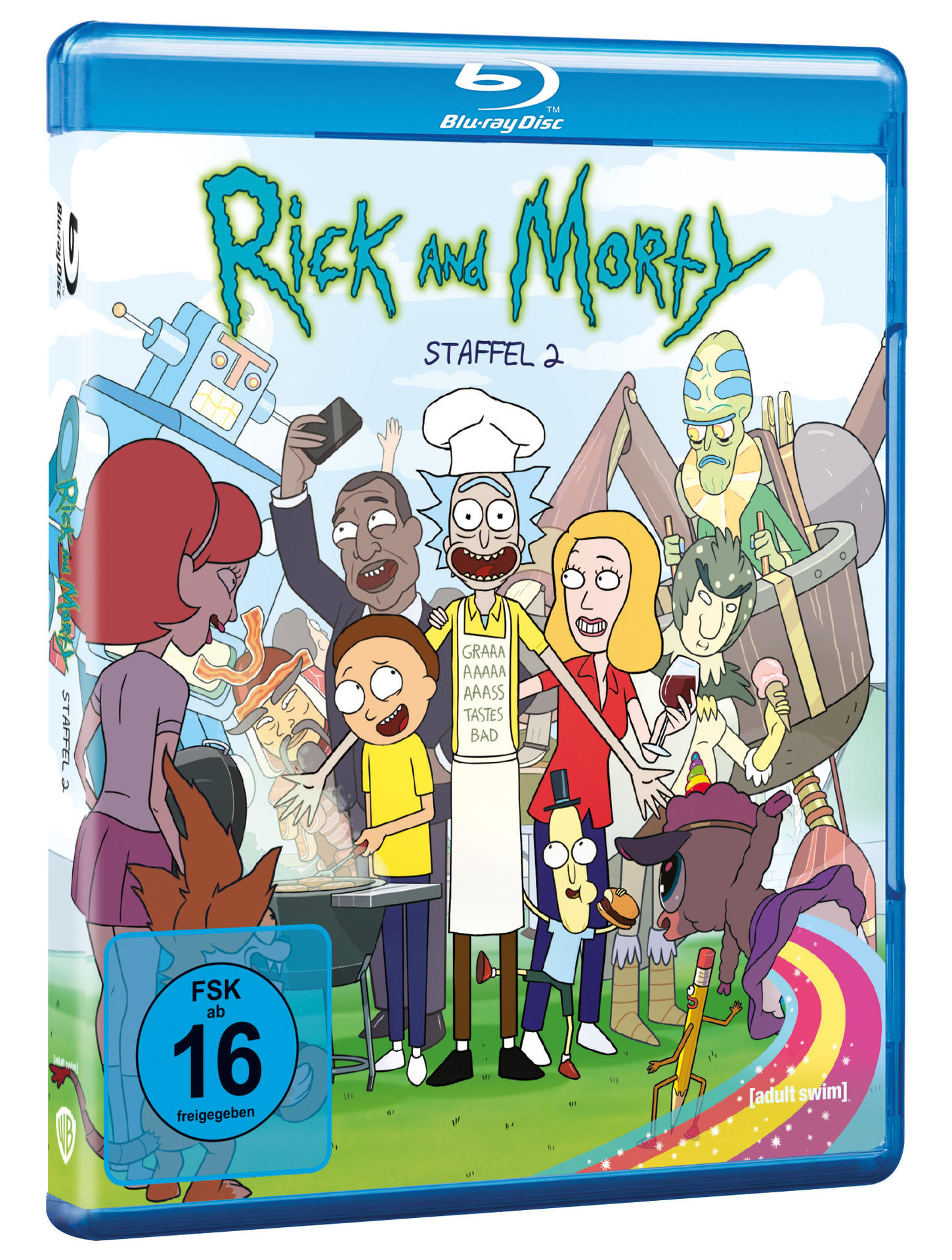 Rick and Morty Staffel 2 Blu-ray-Cover mit Zeichentrickfiguren.