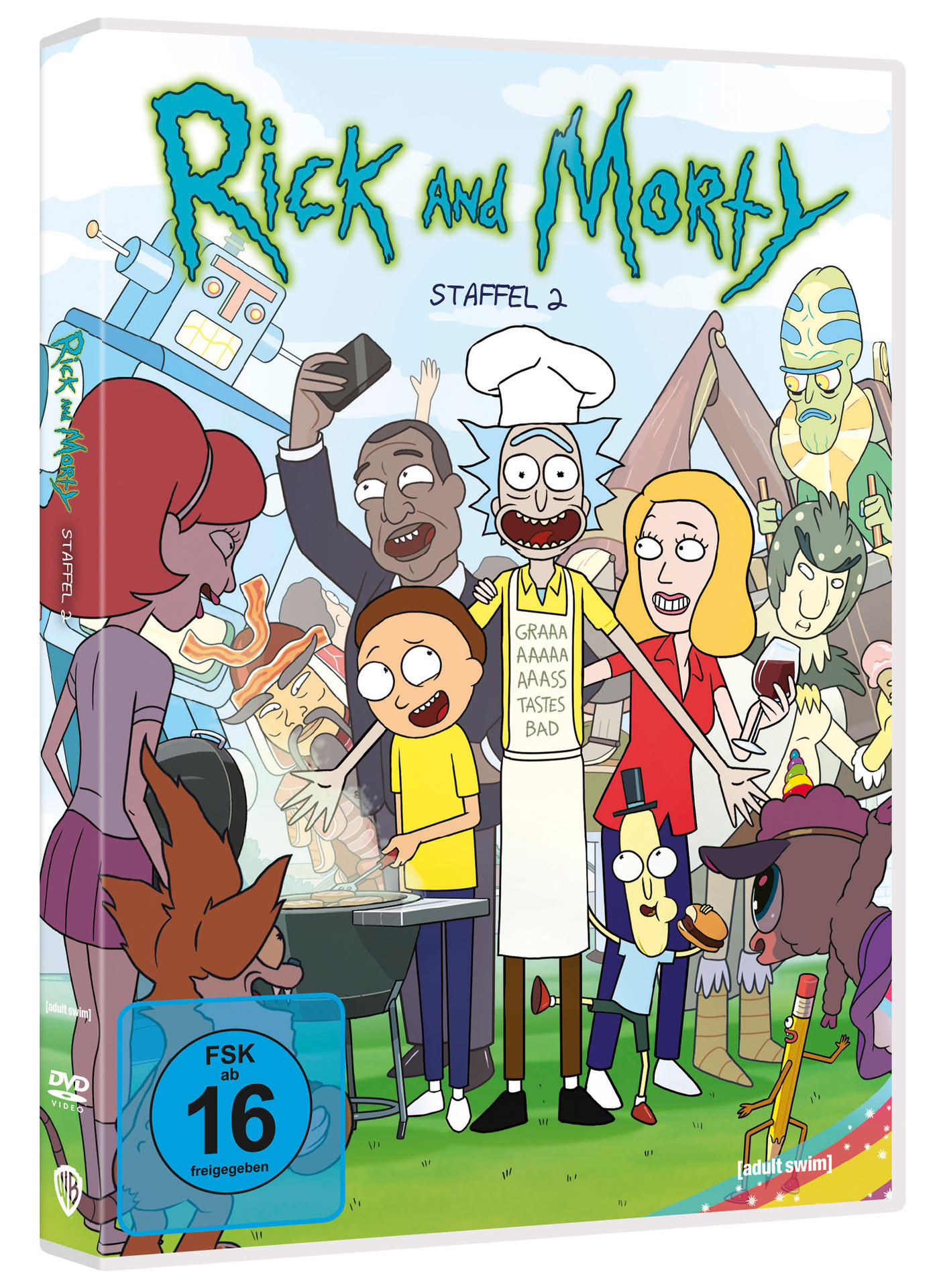 Rick and Morty Staffel 2 DVD-Cover. Zeigt Charaktere aus der Serie.