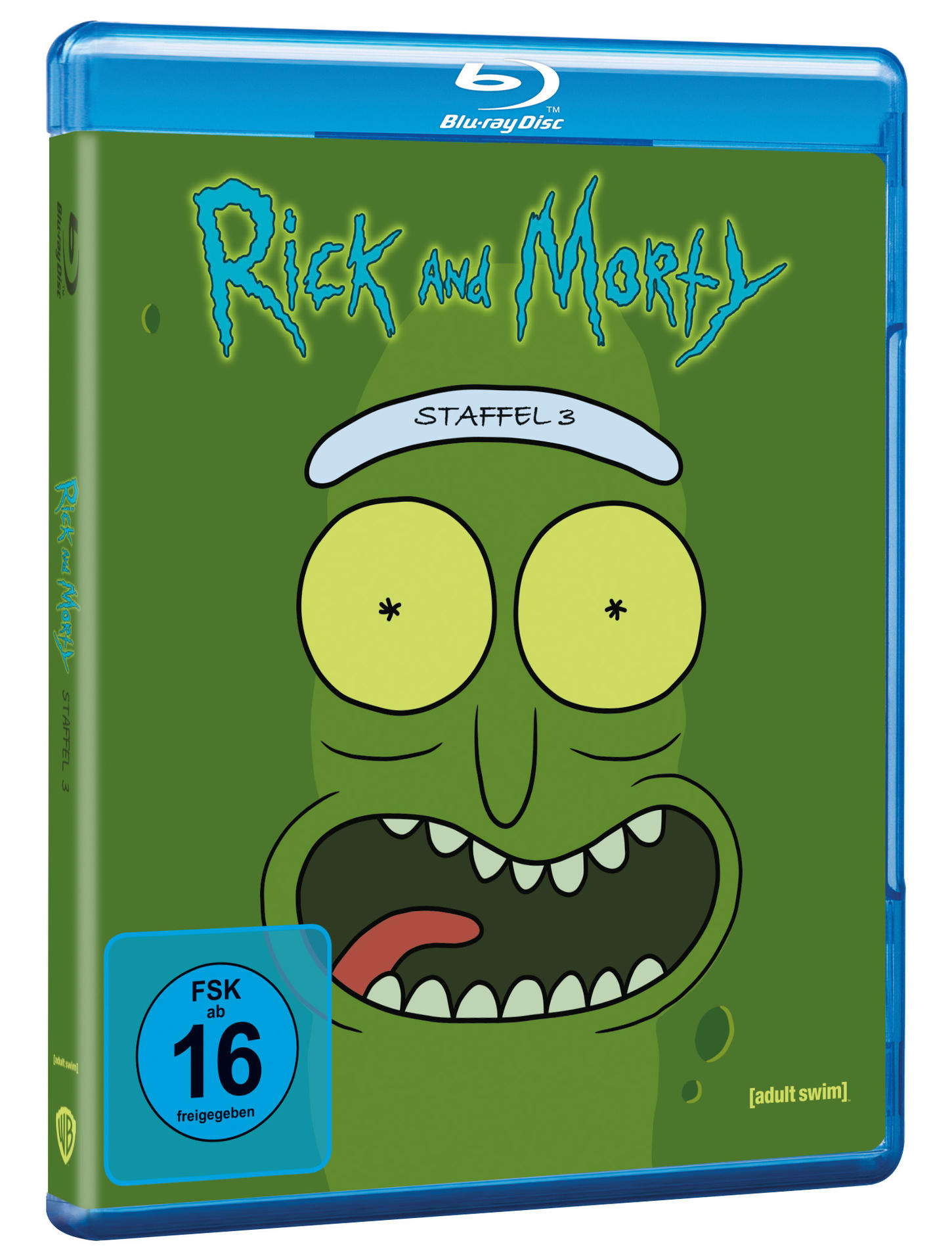 Rick and Morty Staffel 3 Blu-ray Box mit grünem Hintergrund.