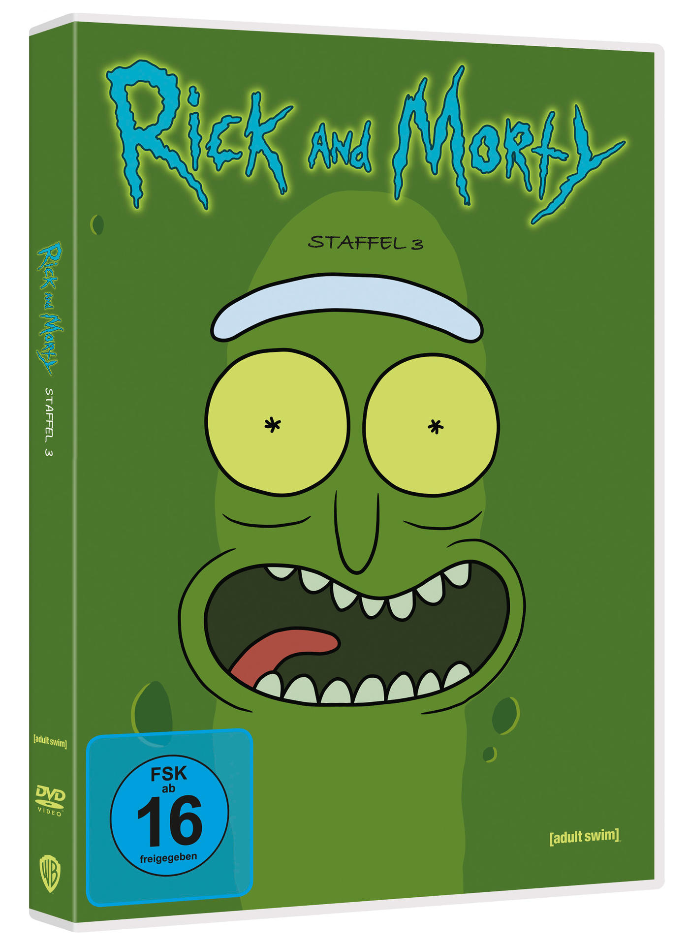 Rick and Morty Staffel 3 DVD-Cover. Grüner Hintergrund, Ricks Gesicht und Titel.