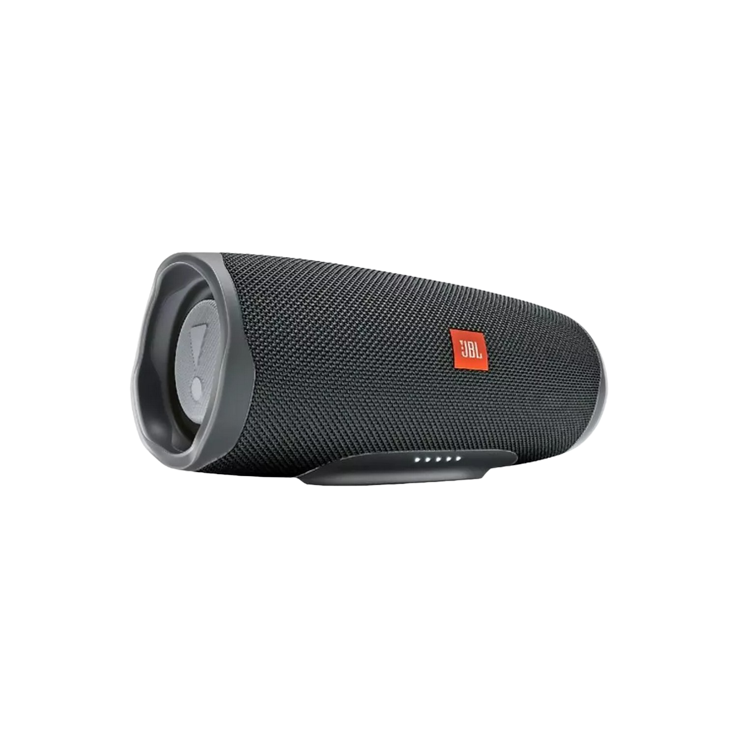 Altavoz JBL negro con logo naranja sobre fondo negro.