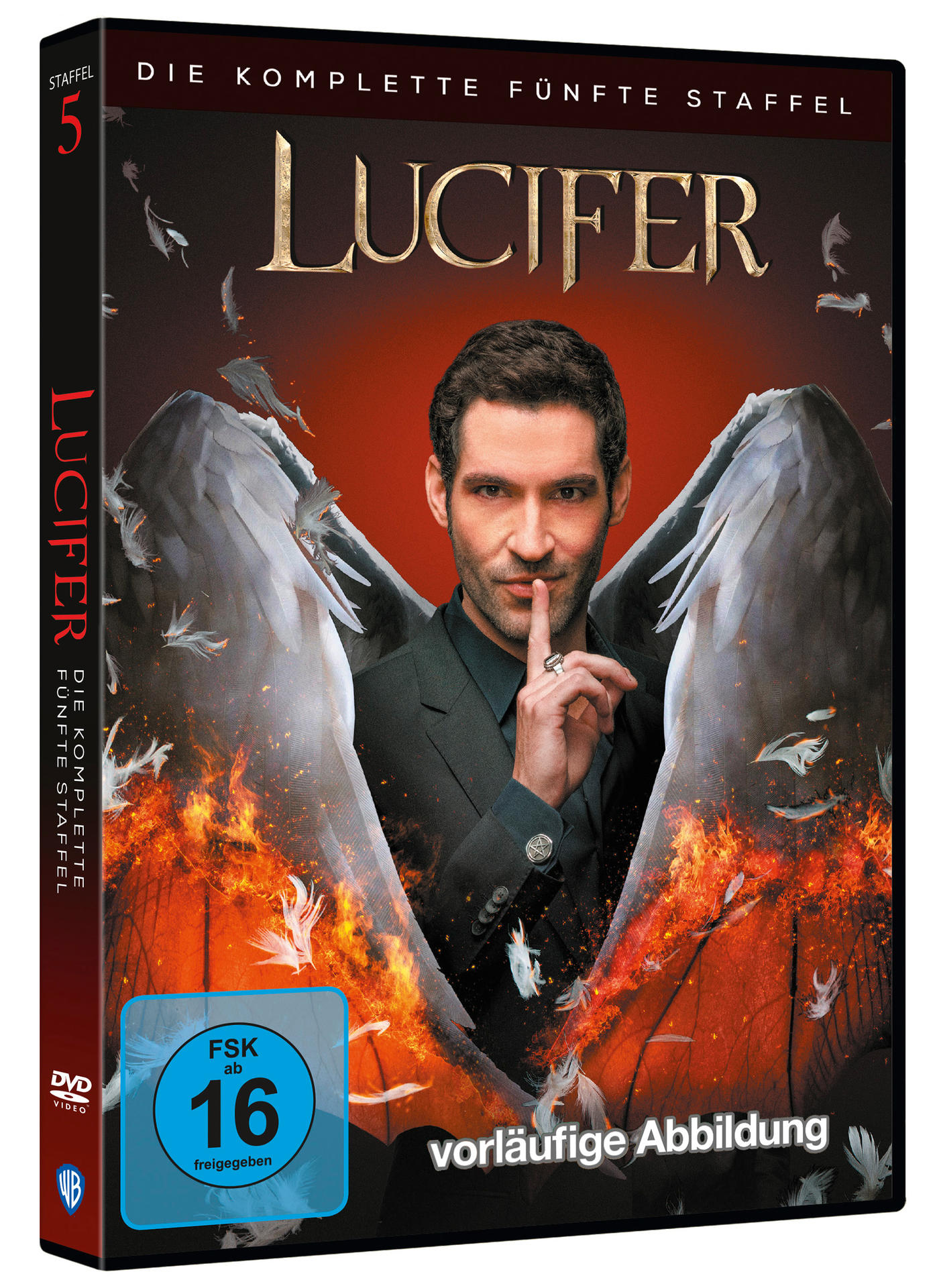 Lucifer Staffel 5 DVD-Box. Ein Mann mit Flügeln wird gezeigt, der Titel steht oben.