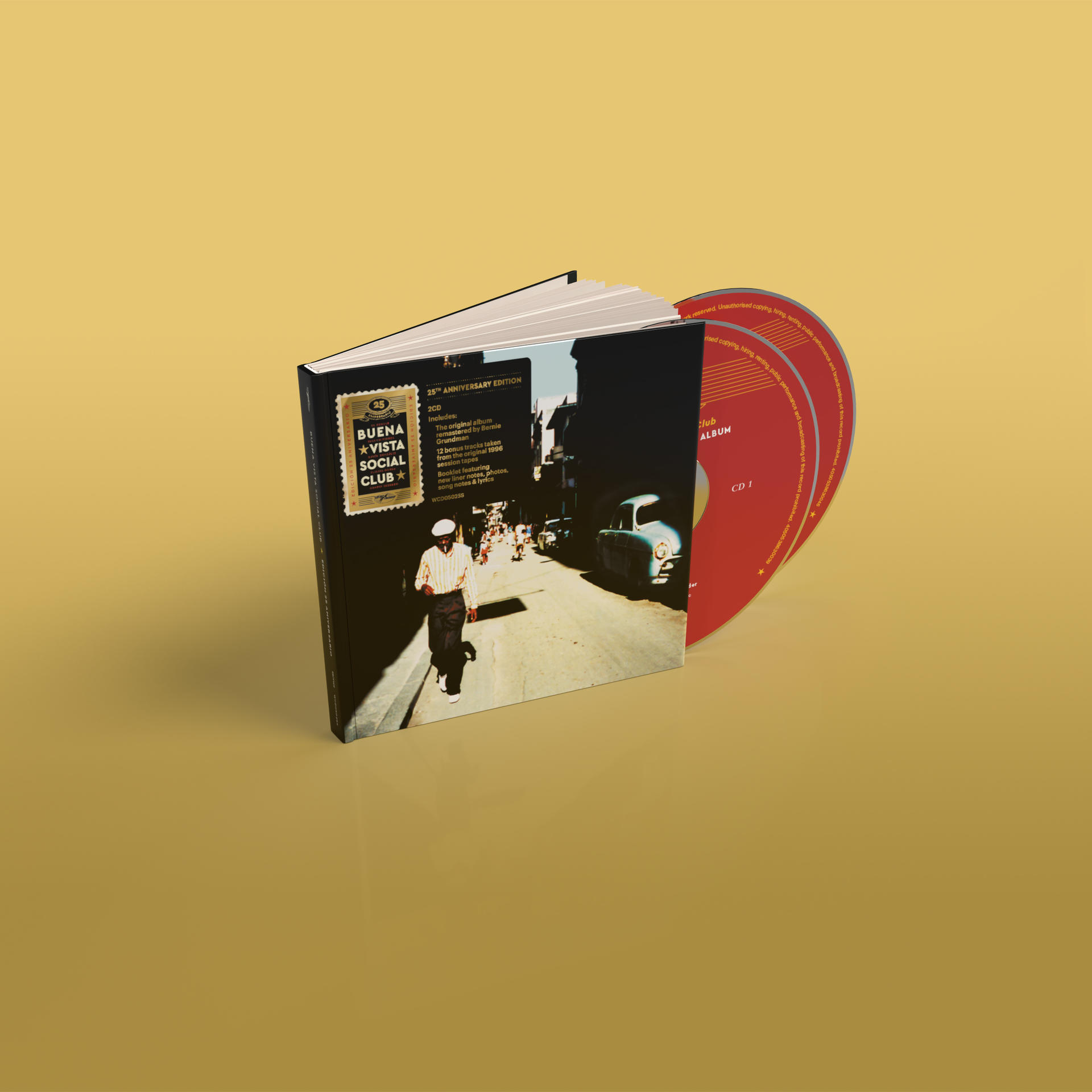 CD-k egy könyvben. A borító fekete-fehér, egy férfival, aki sétál. A háttér sárga.
