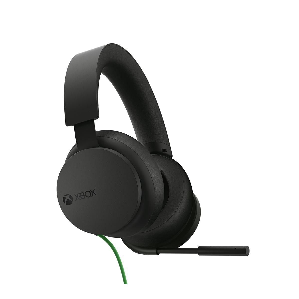 Schwarzes Xbox-Headset mit grünem Kabel und Mikrofon. Xbox-Logo sichtbar.