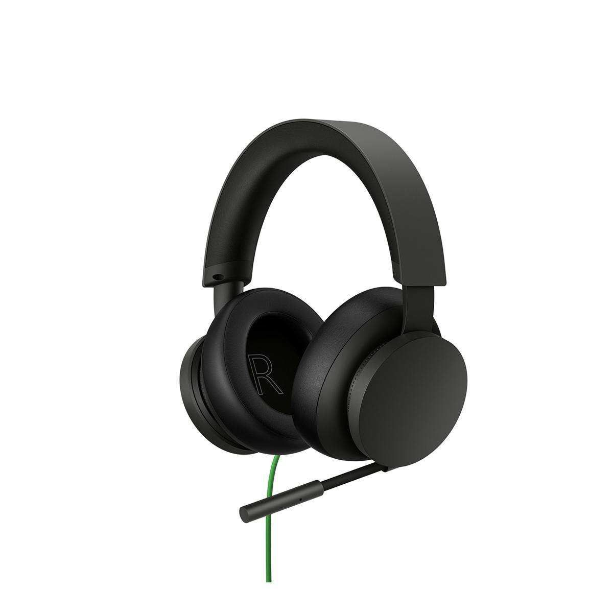 Schwarze Kopfhörer mit Mikrofon und grünem Kabel.