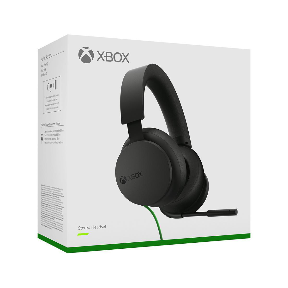 Schwarzes Xbox-Stereo-Headset in seiner Verpackung. Die Box ist weiß, mit dem Xbox-Logo.