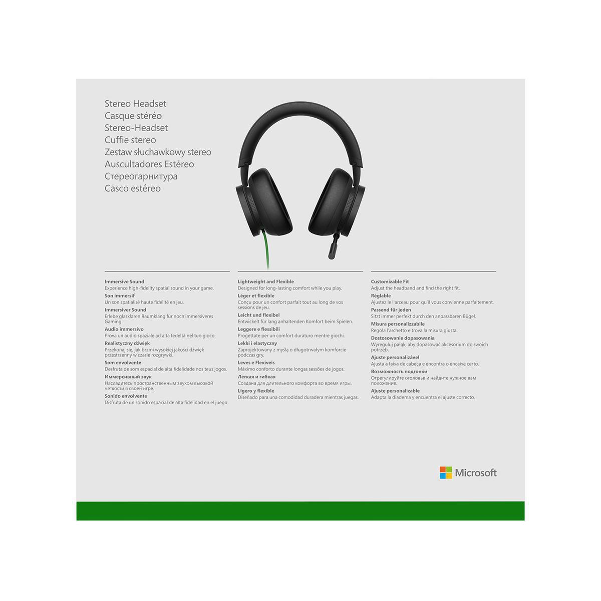 Schwarze Kopfhörer mit Microsoft-Logo und Text in mehreren Sprachen.