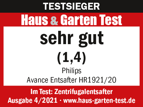 Eine Produktinformationskarte für einen Philips Entsafter mit deutschem Text und der Bewertung 'sehr gut' (1,4).