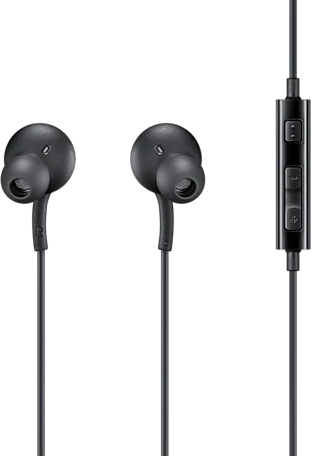 Écouteurs intra-auriculaires noirs avec un panneau de commande et la lettre 'R' sur un écouteur.