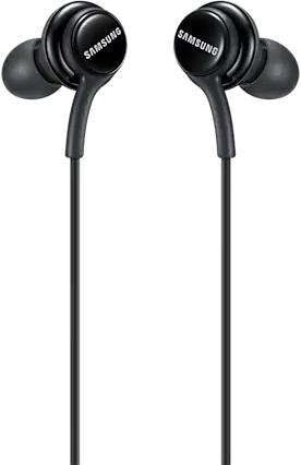 Écouteurs Samsung noirs. Chaque écouteur porte la mention 'SAMSUNG'. Les fils pendent.