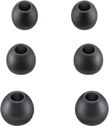 Six embouts d'écouteurs noirs, chacun avec une ouverture centrale, disposés en deux rangées de trois sur fond blanc.