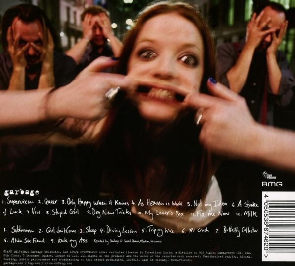 Garbage album borítója a zenekar tagjainak arcával és a számlistával.