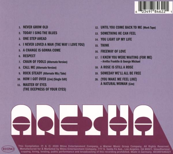 Album borító, Aretha Franklin számlistájával lila háttérrel. A logó és egy vonalkód látható.