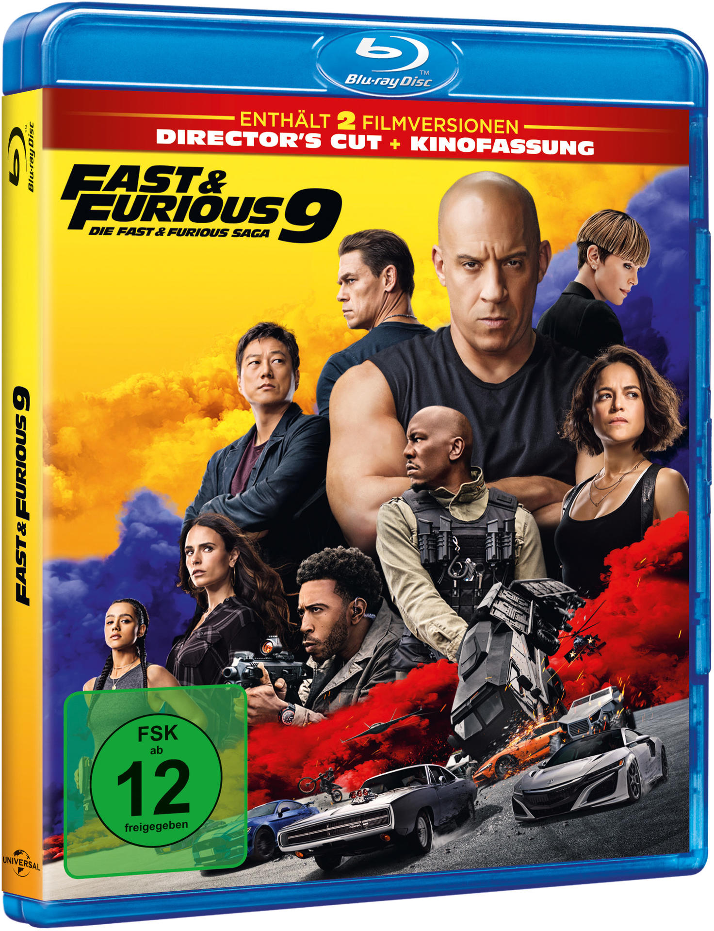 Blu-ray-Cover für Fast & Furious 9 mit Bildern der Darsteller und Explosionen.
