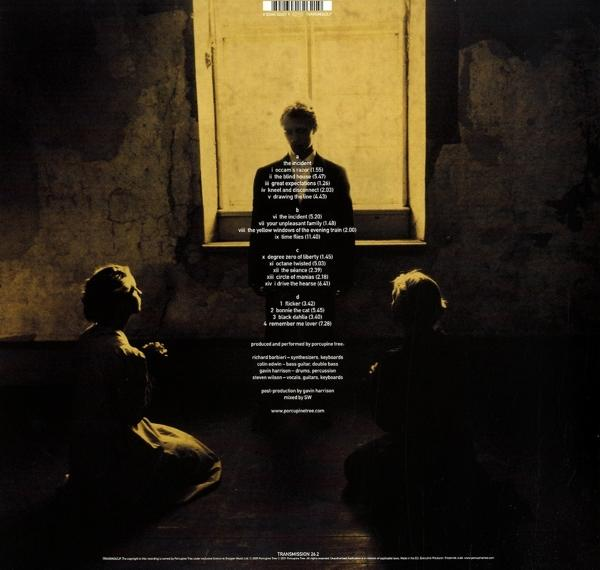 Albumcover: Drei Menschen knien, einer dem Fenster zugewandt. Text listet Songtitel und Credits in einem dunklen Raum.