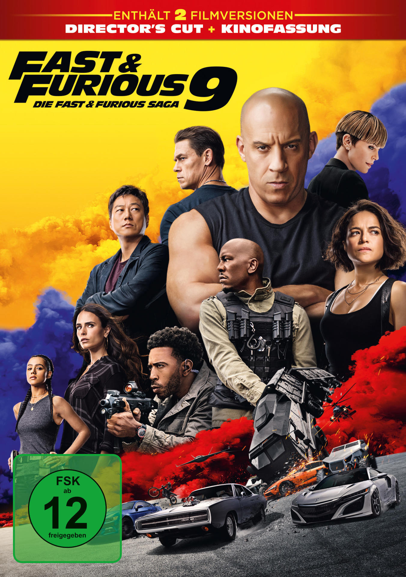 Filmposter mit Schauspielern und Autos, gelbem und rotem Hintergrund.