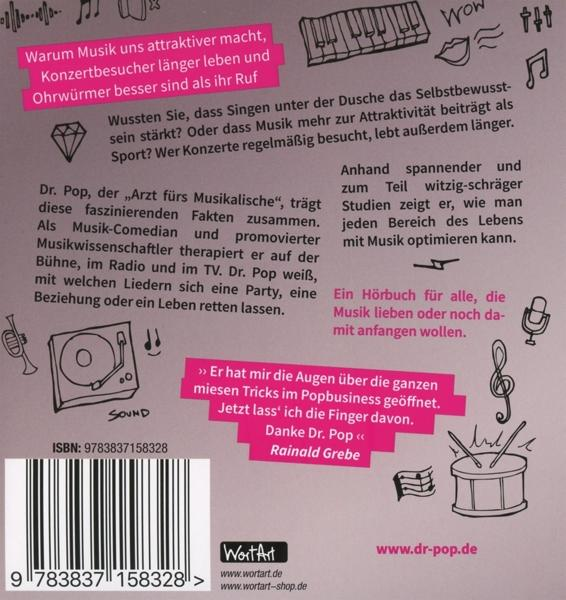 Rückseite eines Buches mit Text und Illustrationen über Musik. Enthält Text über das Buch.