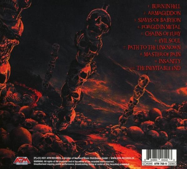 Albumcover mit Schädeltürmen und Text: 'Burn In Hell', 'Armageddon' usw.