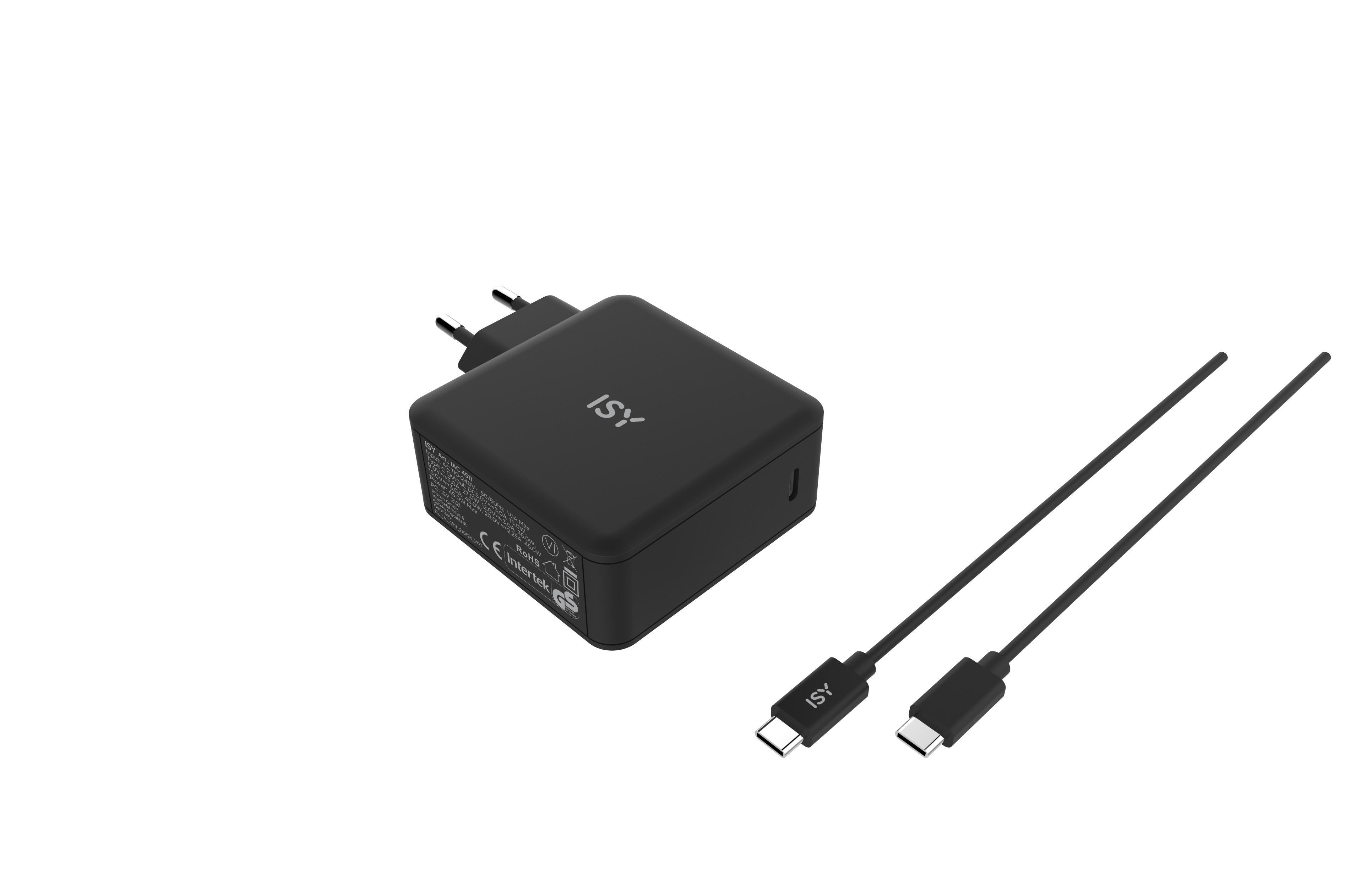 ISY IAC-4511  USB-C Netzteil, 45 Watt Acer, Apple, Asus, Compaq, Dell, Fujitsu, Gateway, HP, IBM, Lenovo, LG, Microsoft, MSI, NEC, Packard Bell, Samsung, Sony und Toshiba., 5-20 Volt, Schwarz